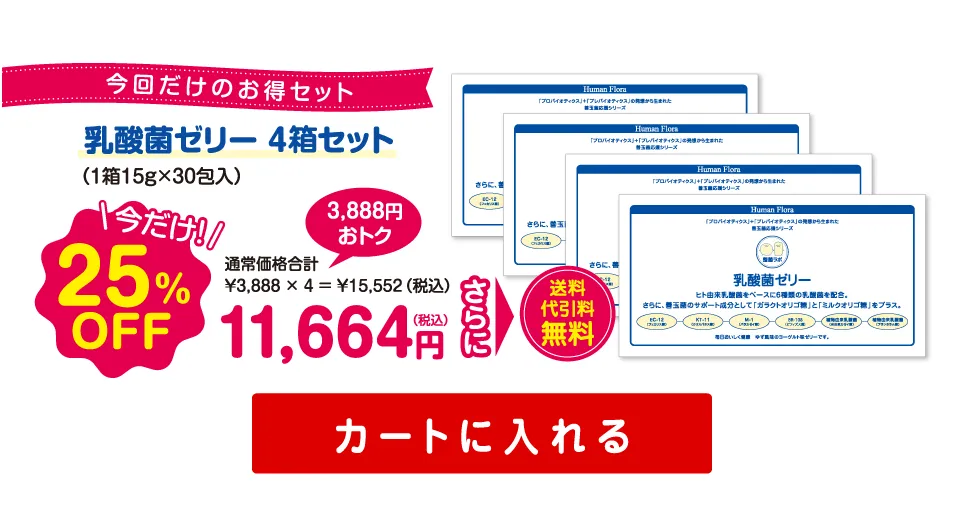 乳酸菌ゼリー特別キャンペーン 4箱25%OFF 送料･代引料無料 乳酸菌ゼリー4箱セット（1箱15g×30包入り） 3,888円オトク 特別価格11,664円(税込)